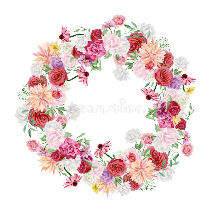 Beautiful floral wreath with watercolor, red rose, white anemone.Greenery branches and leaves composition. Wild flower botanical stock illustration Beautiful floral wreath with watercolor, red rose, white anemone.Greenery branches and leaves composition. Wild flower botanical stock illustration