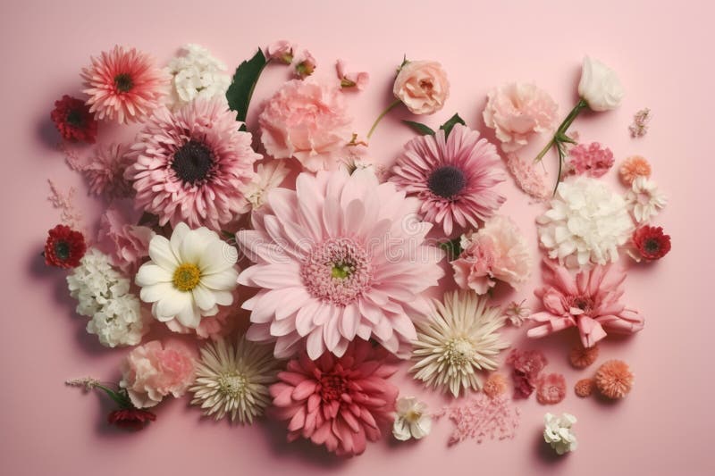 Beautiful flowers on pink background. Flat lay, top view. generative ai
