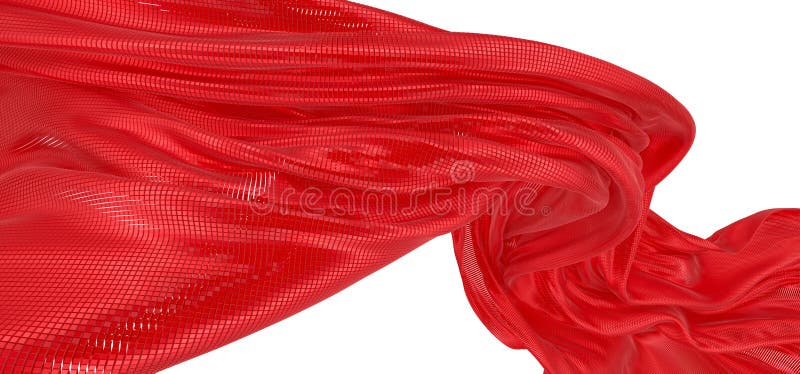 Beautiful flowing colored particles. Red wavy shape made of small cubes. 3D rendering image. Abstract design element. Image isolated on a white background.