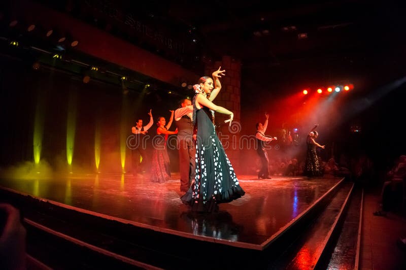 SAN MIGUEL/TENERIFE, SPAIN - March 15, 2014: Beautiful folk dancers perform the famous Spanish passionate Flamenco dance at San Miguel Castle during a dance show for tourists.