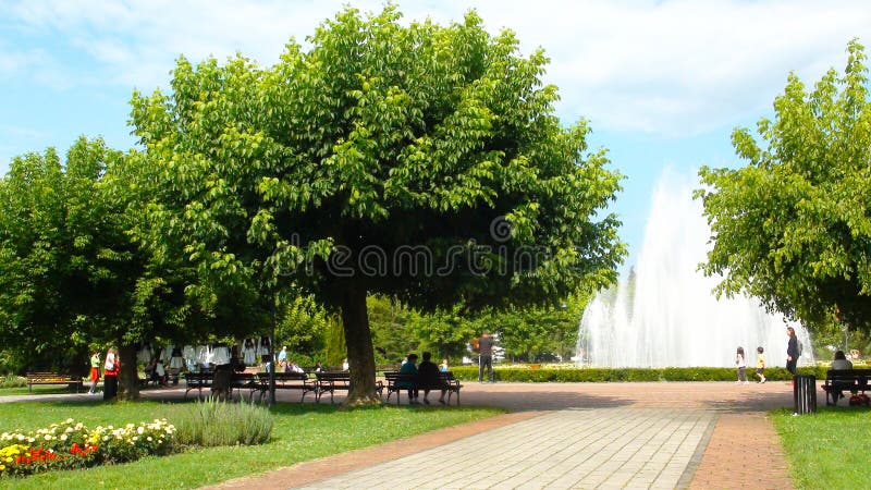 Beautiful Formal Garden Park With Architecture And Fountain In