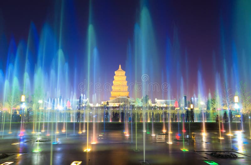 Beautiful fountains at night in xian stock photos Beautiful fountains at night in xian stock photos