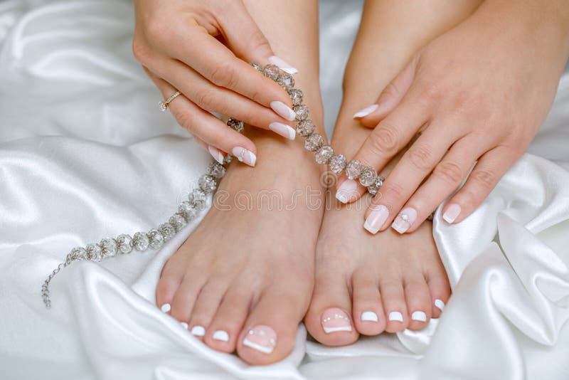 Beautiful French Pedicure and Manicure in Pink and White with Rhinestones  for the Bride. Toes and Hands Close Up Stock Photo - Image of background,  girl: 230364394