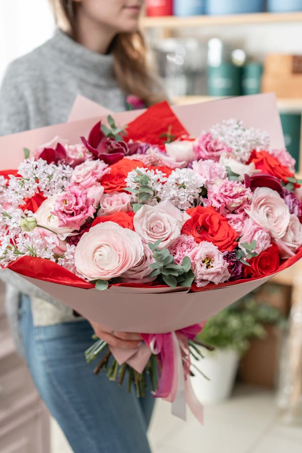 Beautiful Fresh Cut Bouquet of Mixed Flowers in Woman Hand. the Work of ...