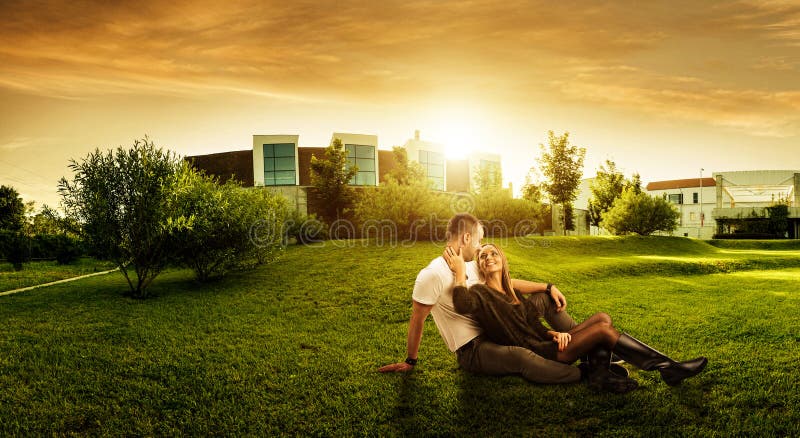 Beautiful fresh green area behind Modern Building stock photo