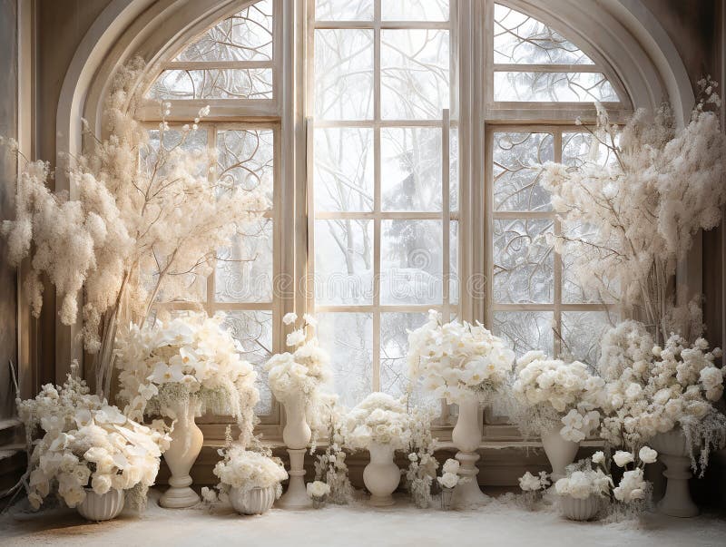 beautiful frozen Garden background for photo manipulation , empty , white flowers , big windows, in the middle room for copy