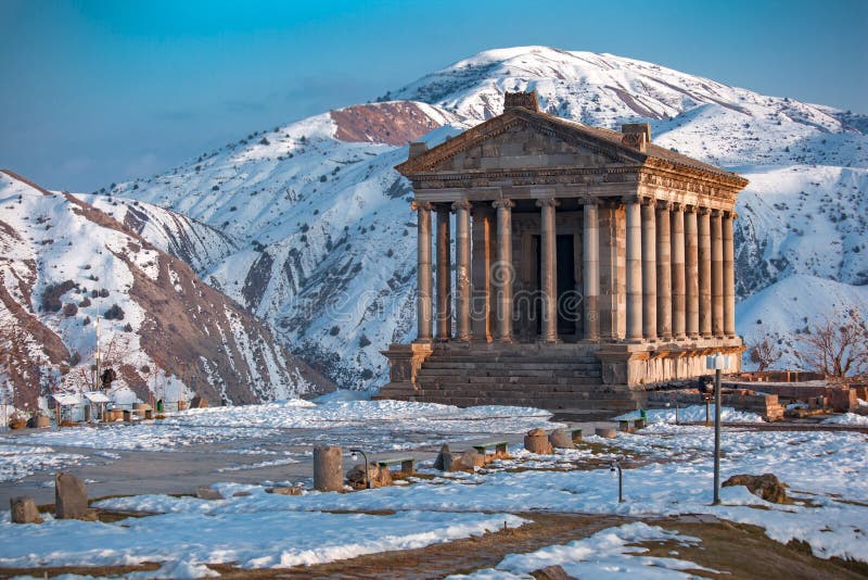 Beautiful Garni temple in Armenia, in winter