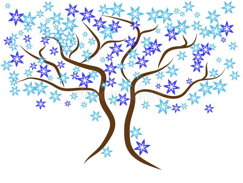 Beautiful gentle blue winter tree. Brown branches with dark and light blue stars. stock illustration
