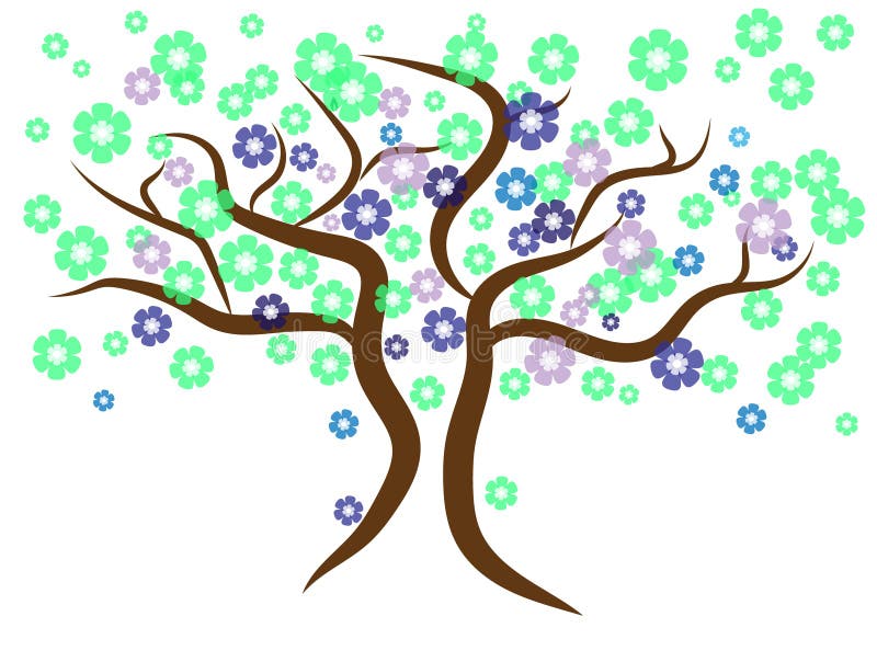 Beautiful gentle green tree. Brown branches with green, violet and blue flowers. stock illustration
