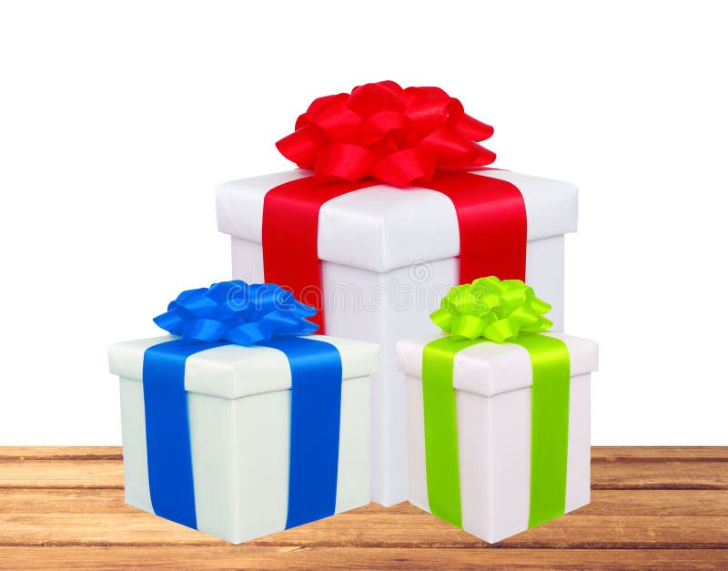 Beautiful Gift Boxes With Colorful Bows On Wooden Table Isolated Stock