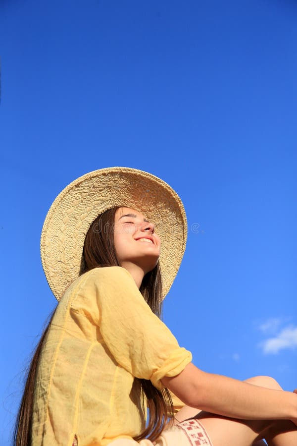 Beautiful Girl In Background Of The Blue Sky Stock Image Image Of Pretty Alone 227084941