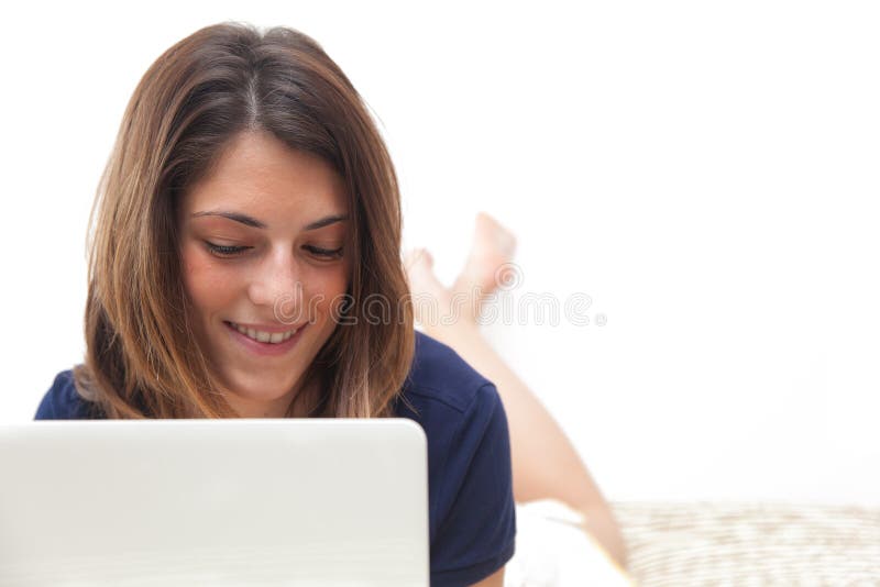 Beautiful Girl on the Bed with Her Laptop Stock Photo Image of laptop