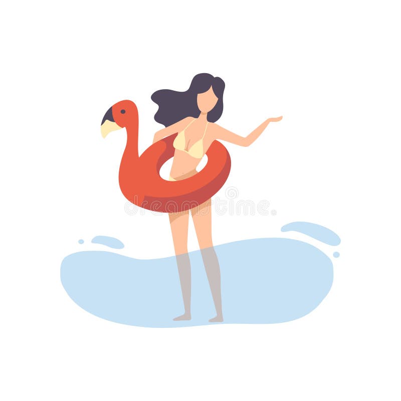 Beautiful Girl in Bikini with Flamingo Inflatable Circle, Young Woman Relaxing on Beach on Summer Vacation Vector stock illustration Beautiful Girl in Bikini with Flamingo Inflatable Circle, Young Woman Relaxing on Beach on Summer Vacation Vector stock illustration