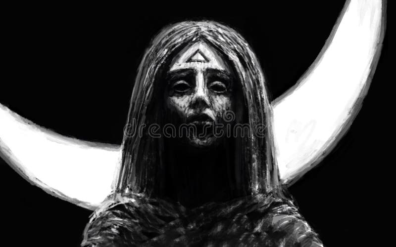 Creepy witch girl face. Kiss of darkness. Horror fantasy illustration. Evil  queen looking ahead. Scary female face with glowing eyes. Gloomy goddess  character concept art. Stock Illustration