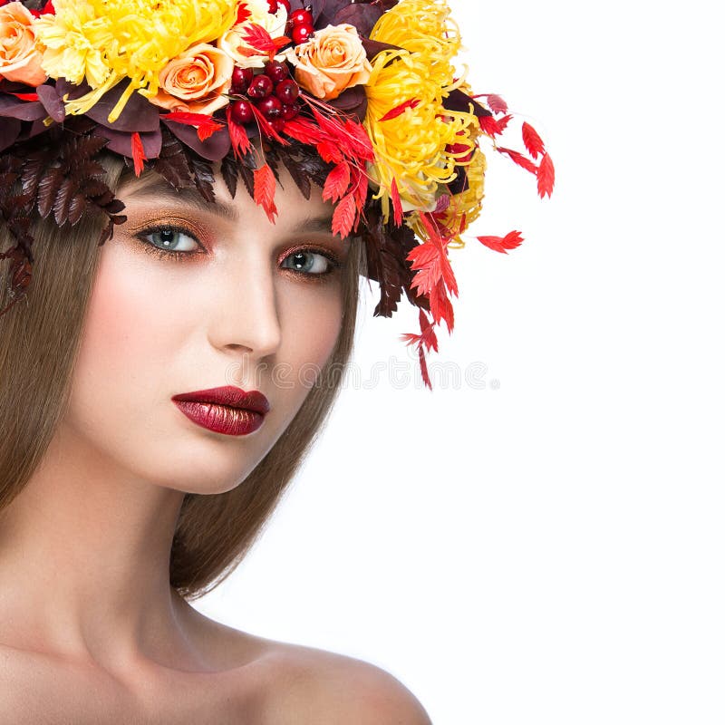 Beautiful Girl with Bright Autumn Wreath of Stock Image - Image of ...