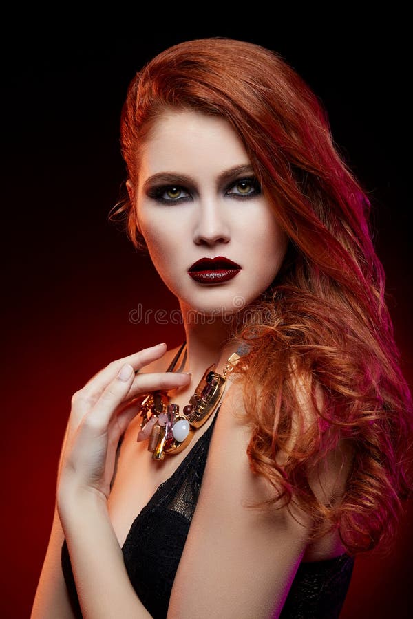 Beautiful Girl with Bright Makeup and Red Hair Stock Image - Image of  cosmetic, model: 104601925