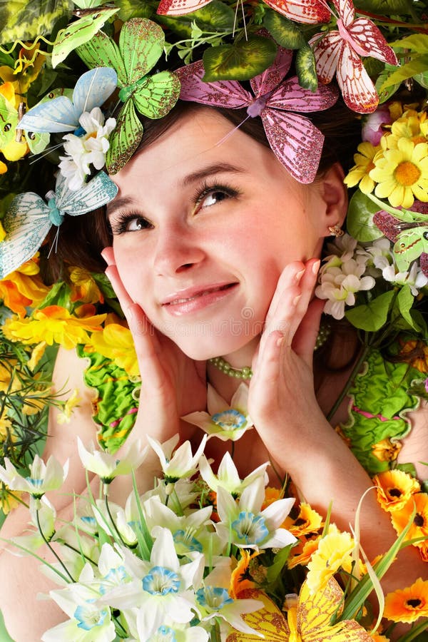 Beautiful girl with butterfly and flower on grass. royalty free stock photography Beautiful girl with butterfly and flower on grass. royalty free stock photography