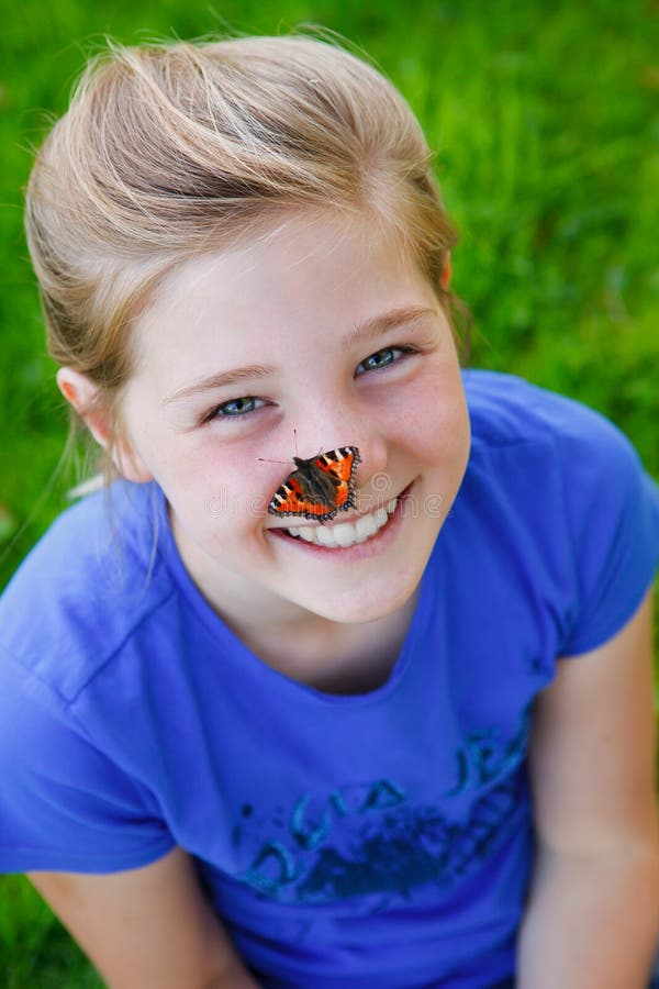 Beautiful Girl with a Butterfly on Her Nose Stock Image Image of