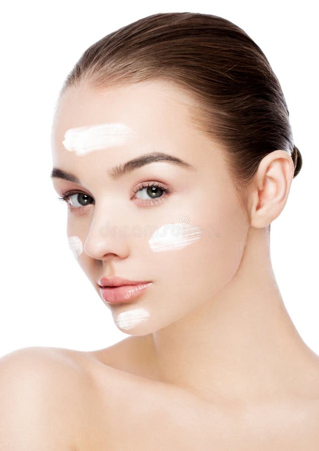 Beauty Girl with Face Cream Natural Makeup Stock Image - Image of care ...