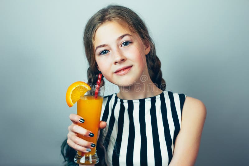 Girl With Glass Of Soft Drink Stock Image Image Of Gray Concept