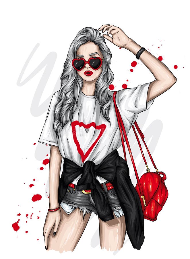 Beautiful Girl in Glasses with Hearts. Vector Illustration for a Postcard  or Poster, Print on Clothes. Stock Vector - Illustration of cosmetics,  hearts: 205725742