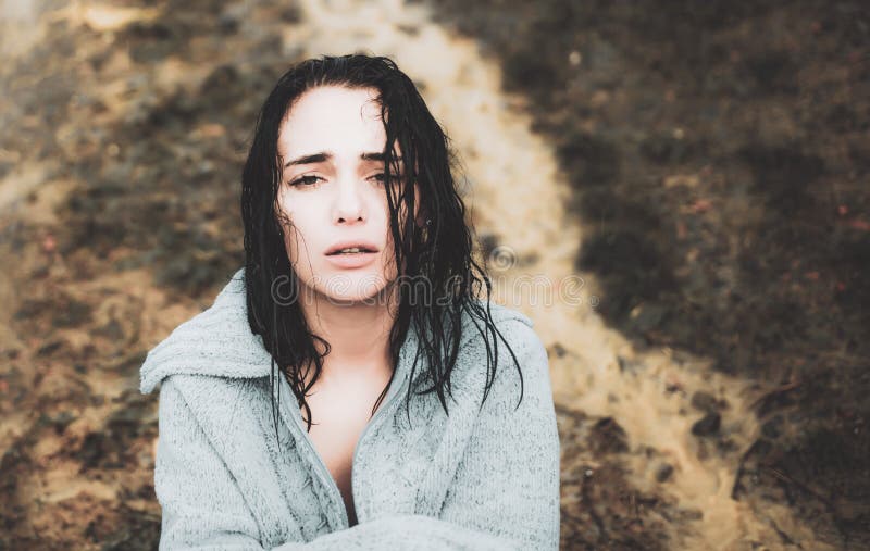 Beautiful Girl Got Wet In The Rain And Froze Upset Sensual Girl With Wet Hair Looking At Camera