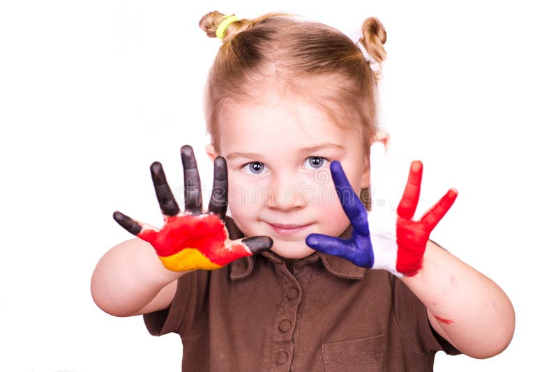 Beautiful girl with hands painted as German and French flags