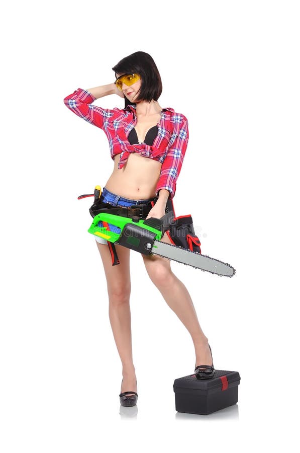 Beautiful girl holding chainsaw royalty free stock photography.