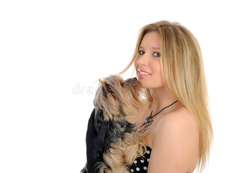 Beautiful girl holding small cute york terrier dog