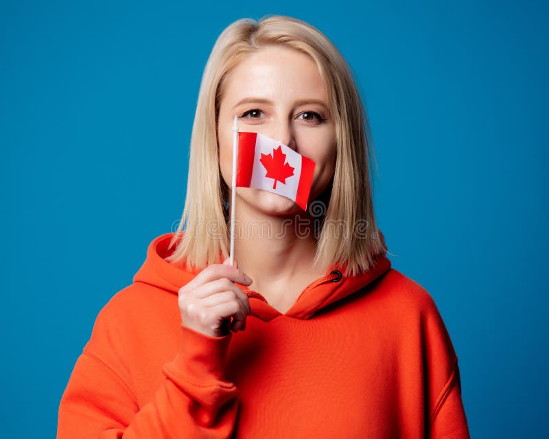 Girl Holds Flag of Canada on Gray Background Stock Photo Image of