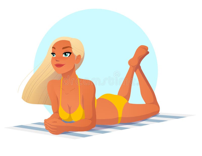 Beautiful girl laying on the beach. Cartoon vector illustration on white background.