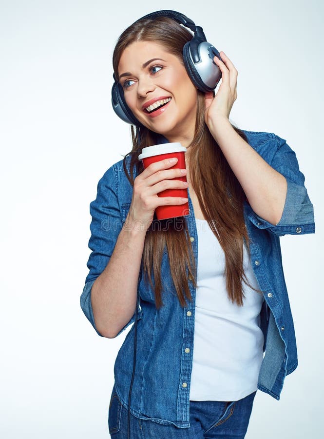 Beautiful Girl Listening Music With Coffee Glass Stock Photo   Image