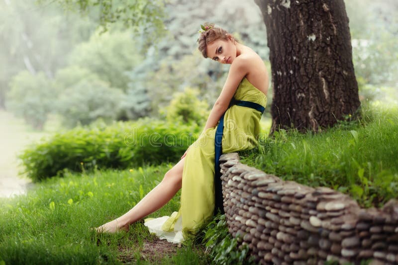 Barefoot Woman In Dress Forest