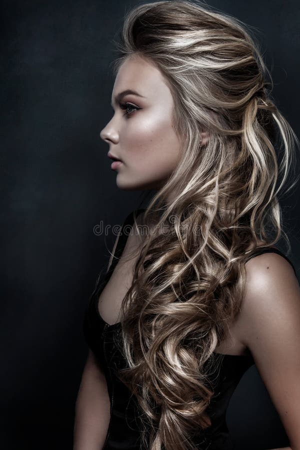 Beautiful Girl with Long Wavy Hair. Fair-haired Model with Curly Hairstyle and Fashionable Makeup. Stock Image - Image of model, jewelry: 106656423 Beautiful Girl with Long Wavy Hair. Fair-haired Model with Curly Hairstyle and Fashionable Makeup. Stock Image - Image of model, jewelry: 106656423