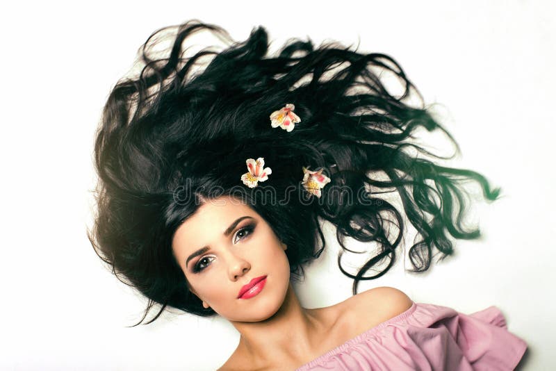 Beautiful Girl Lying on the Ground, Hairstyle with Flowers. Stock Photo -  Image of expensive, brassiere: 146989502
