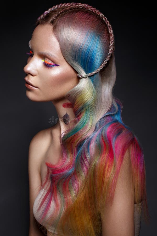 Beautiful Girl with Multi-colored Hair and Creative Make-up and Hairstyle.  Beauty Face Stock Image - Image of adult, cosmetics: 131996973