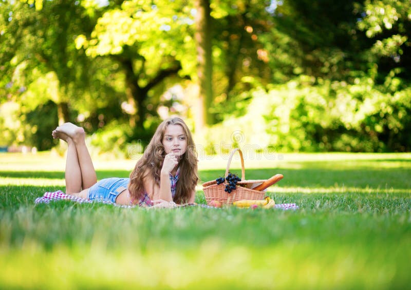 Beautiful Girl on a Picnic in Park Stock Image Image of apple