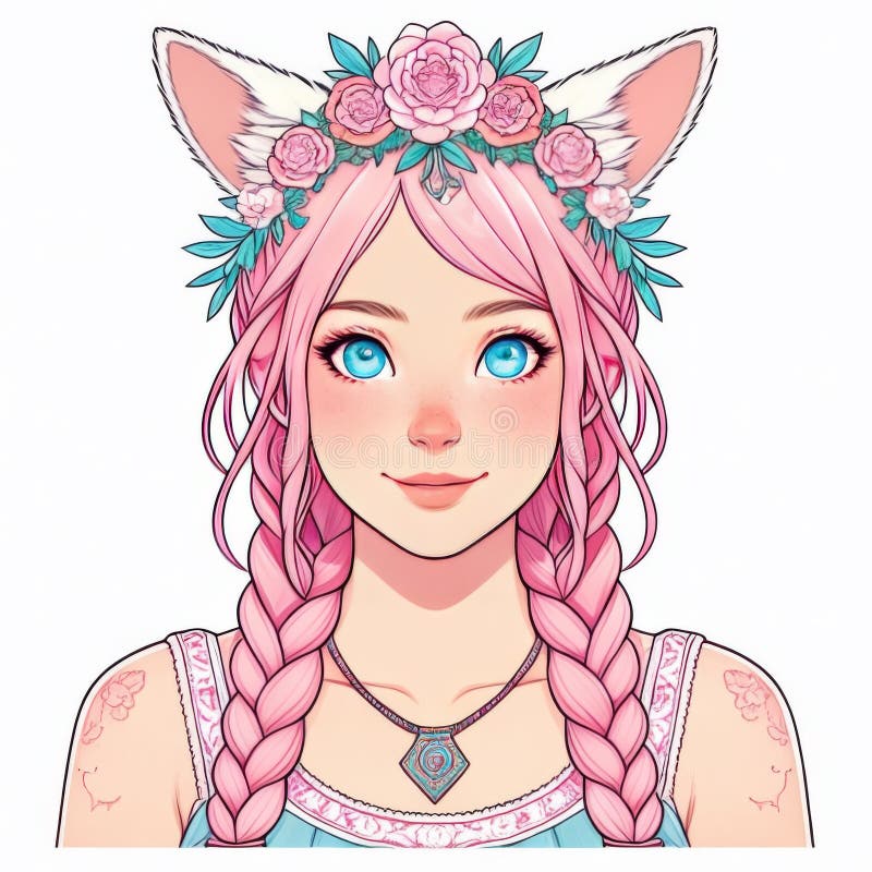 Beautiful Girl With Pink Hair And Floral Wreath Vector Illustration