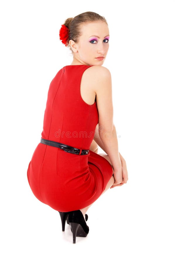 Beautiful the Girl in the Red Dress Posing Stock Image Image of face
