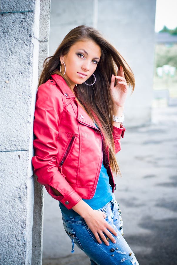 Beautiful Girl in Red Jacket Stock Photo Image of hair, flirt 21085740
