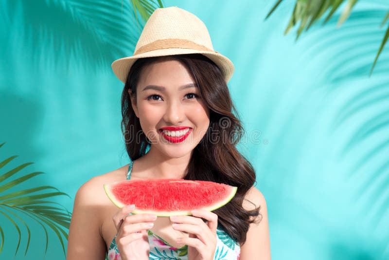 Beautiful Girl with Red Lips Eating Watermelon. Stock Image Image of