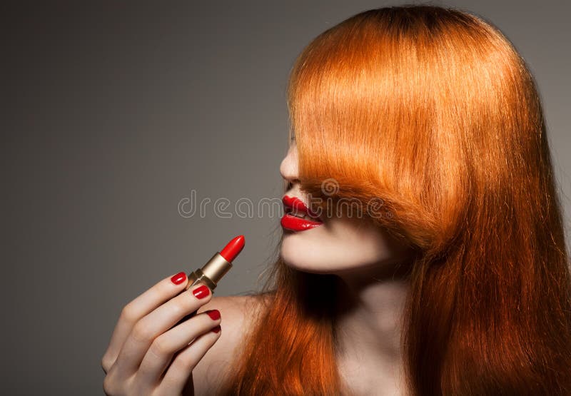 Beautiful Girl. Red Lipstick Stock Photo Image of makeup, haircut