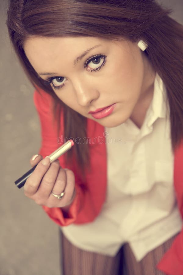 Beautiful Girl with Red Lipstick at Soft Light Stock Photo Image of