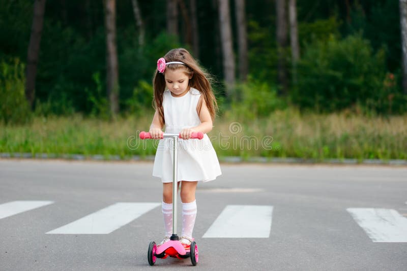 Beautiful Girl with Scooter on the Road Stock Photo Image of happy