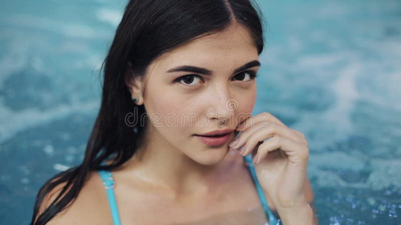 Beautiful Girl In Swimsuit Standing In The Pool Slow Motion Close Up Stock Footage Video Of