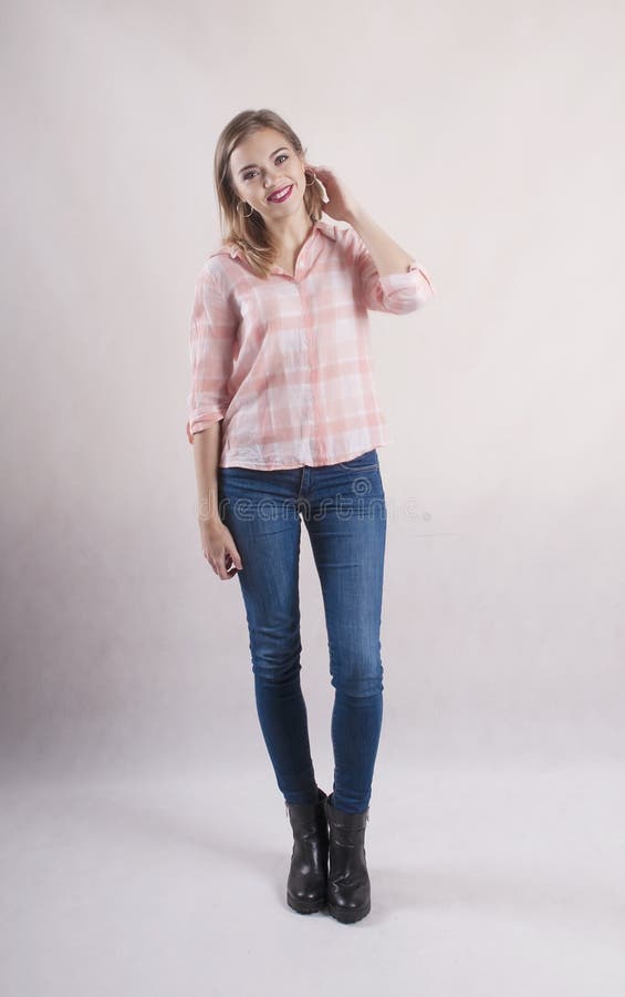 Girl a Shirt Jeans Standingpositive Caucasian Stock Image - Image of background, clothing: 108341779