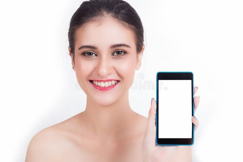 Beautiful Girl is Showing Screen Stock Photo Image of blank, smart