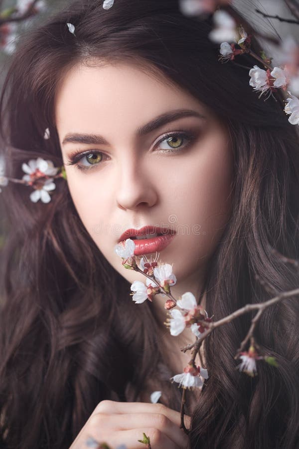 Beautiful Girl Standing At Blossoming Tree In The Garden Stock Image Image Of Beauty Lovely