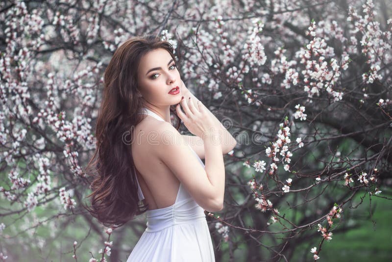 Beautiful Adult Girl Standing At Blossoming Tree In The Garden Stock