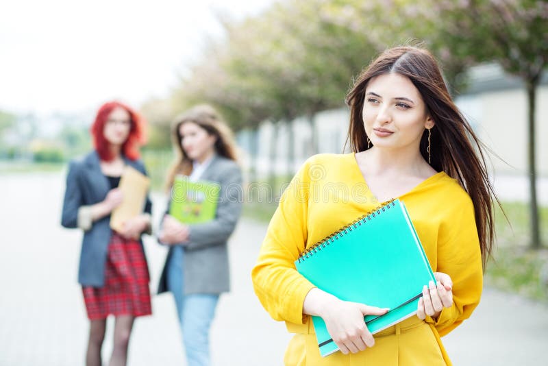 Beautiful girl student standing with a folder. Education concept, exams, friendship and group of people stock images Beautiful girl student standing with a folder. Education concept, exams, friendship and group of people stock images